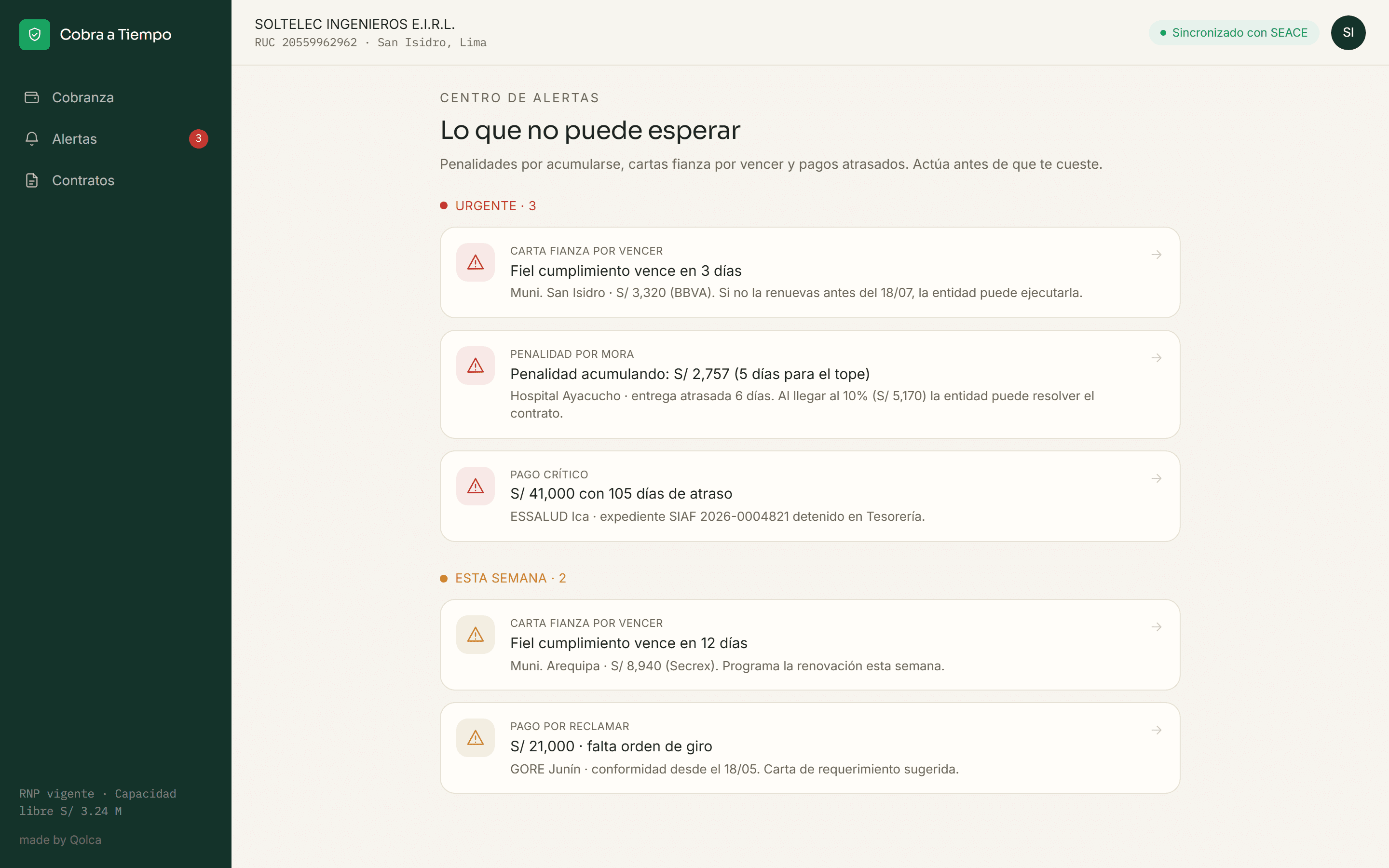 Centro de alertas con pagos atrasados, penalidades y cartas fianza por vencer